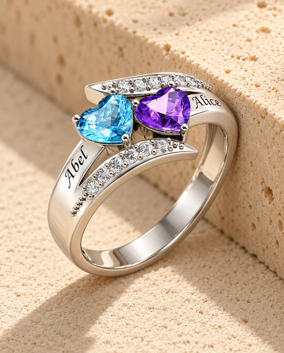 Anello con 2 Pietre Portafortuna e 2 Nomi - anello di coppia a fasce incrociate con cuori - in argento sterling