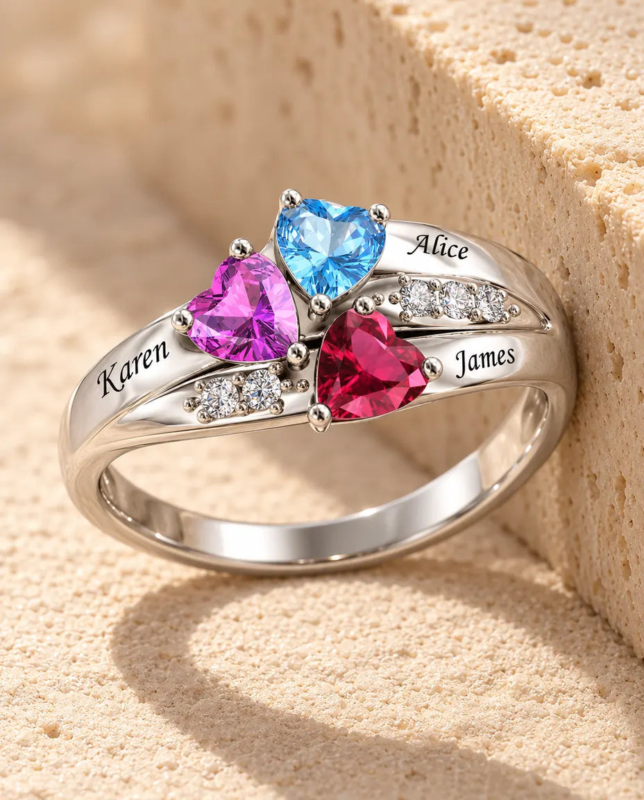 Anello con 3 Pietre Portafortuna e 3 Nomi - anello di famiglia a trifoglio di cuori - in argento sterling