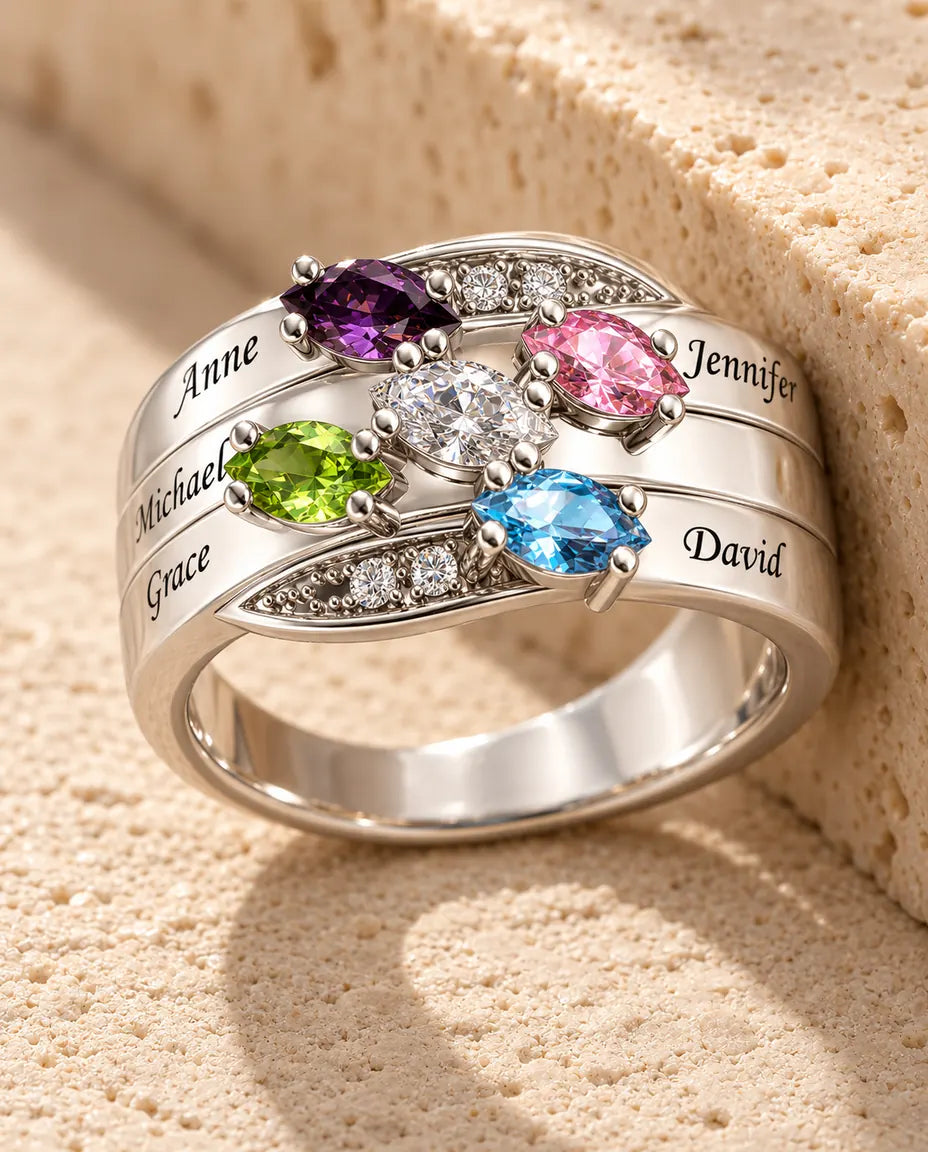 Anello con 5 Pietre Portafortuna e 5 Nomi - anello di famiglia a tre fasce per la mamma - in argento sterling
