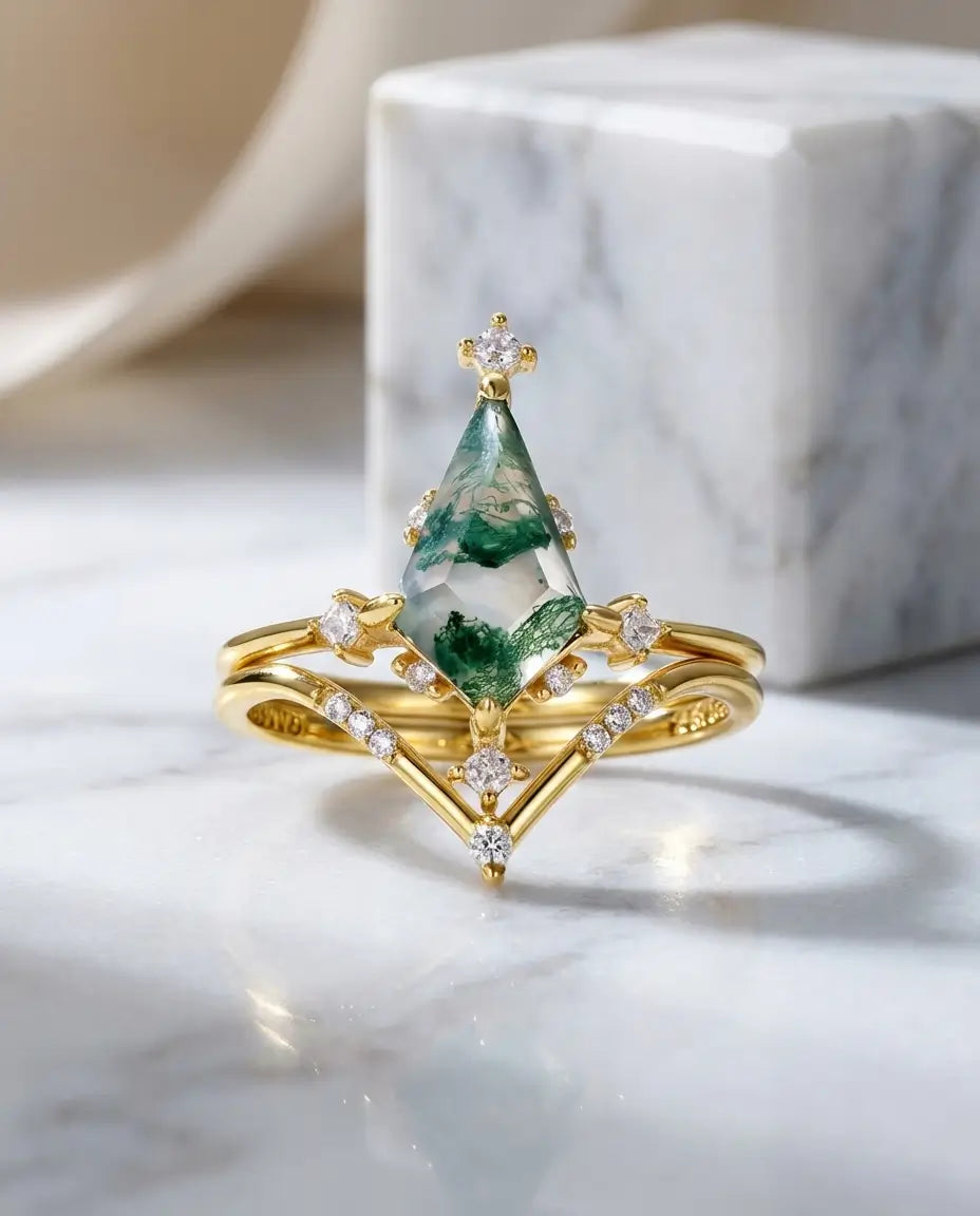 Anello Agata Muschiata – Duo Art Déco Taglio Aquilone 7x12 mm, Placcato Oro 10 Carati con Zirconi
