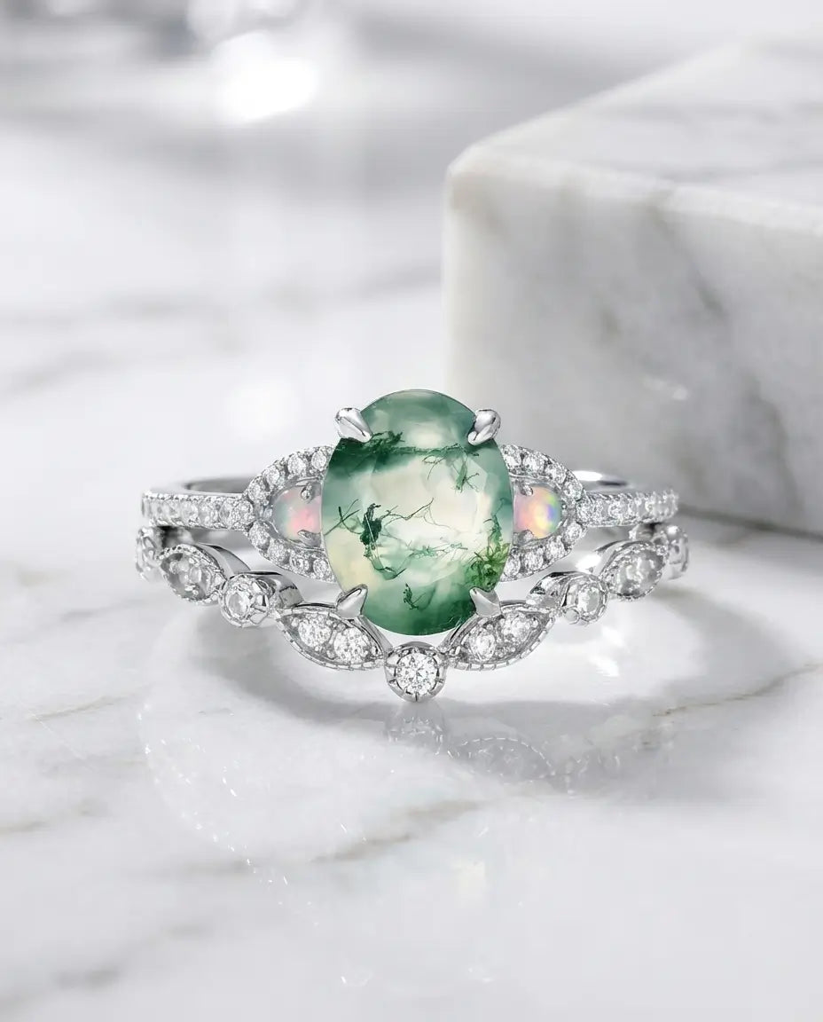 Anello Agata Muschiata – Duo Ovale 7x9 mm con Opali e Pavé, Argento 925, Stile Vintage