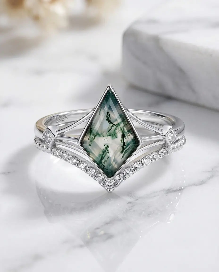 Anello Agata Muschiata – Duo con Taglio Aquilone e Fascia Curva Abbinata, Argento 925