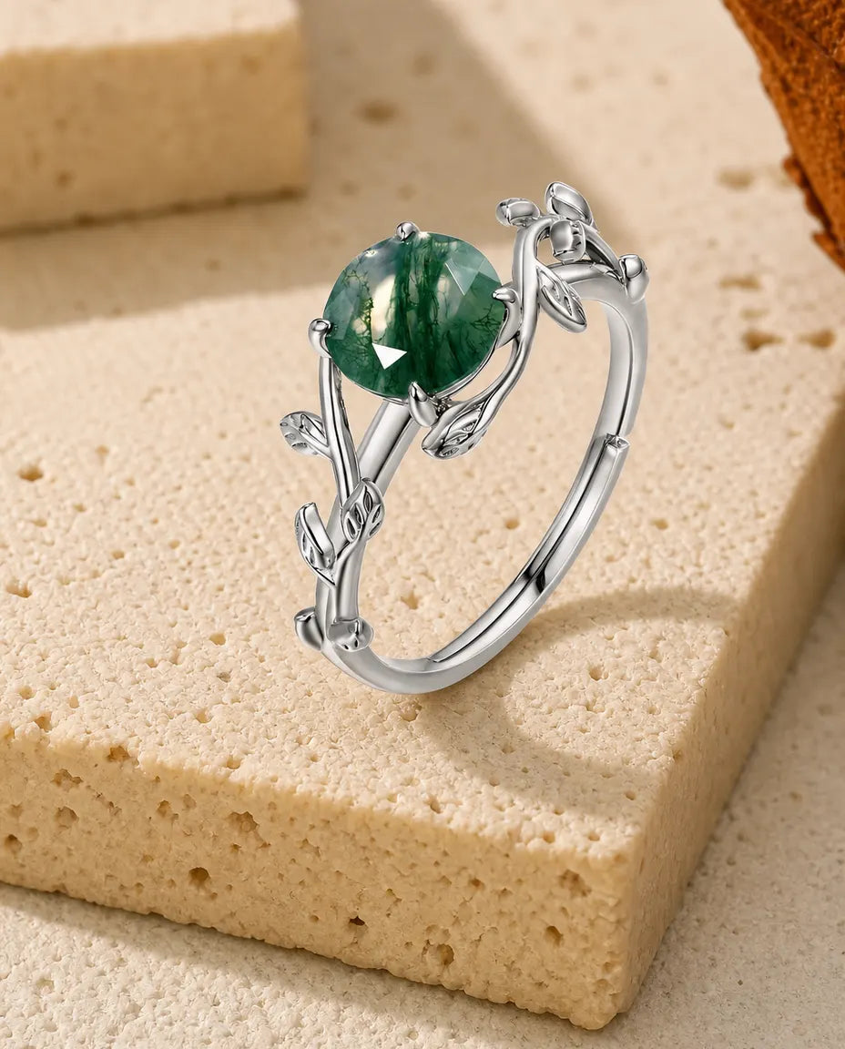Anello Agata Muschiata Taglio Rosa – Fascia a Foglie d'Edera in Argento 925, Aperto e Regolabile