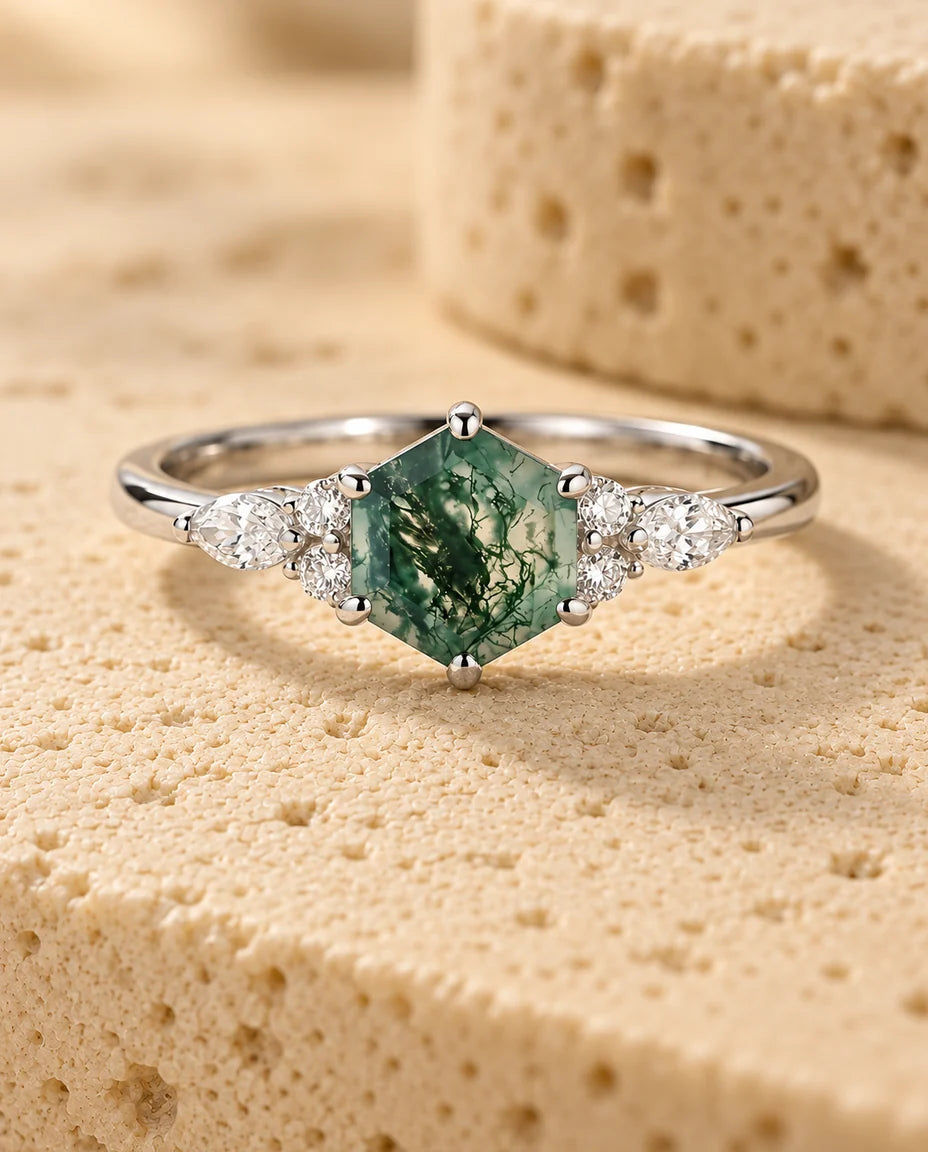 Anello Agata Muschiata Esagonale Art Déco - vista frontale