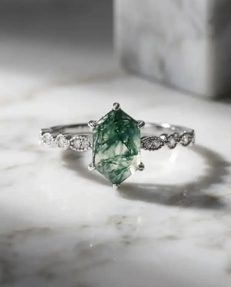 Anello Agata Muschiata Esagono 6x10 mm – Argento 925 Stile Art Déco Vintage, Anello di Fidanzamento Natura