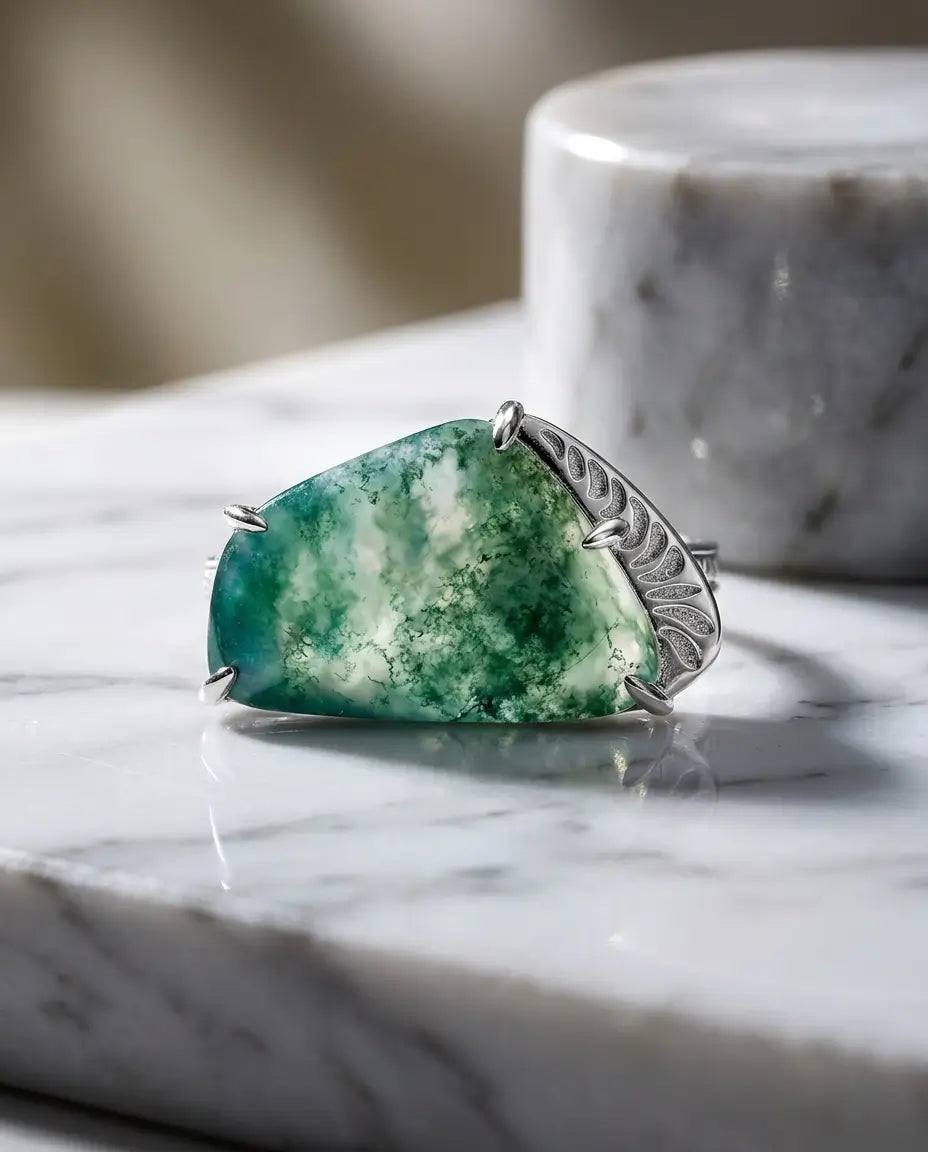 Anello Agata Muschiata Forma Libera 11x15 mm – Argento 925 Inciso a Felci, Fascia Aperta Regolabile