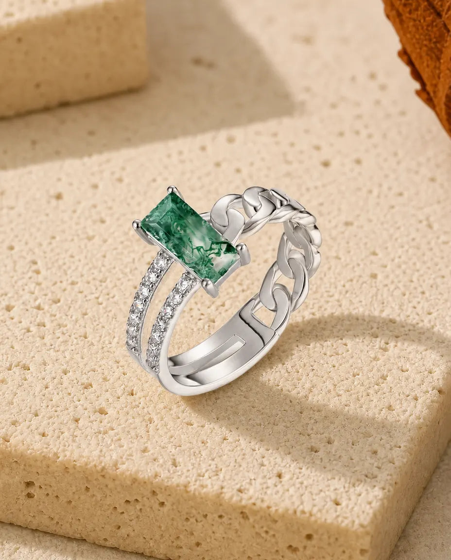 Anello Agata Muschiata Taglio Smeraldo Orizzontale – Maglia Cubana e Doppio Pavé, Argento 925 per Donna