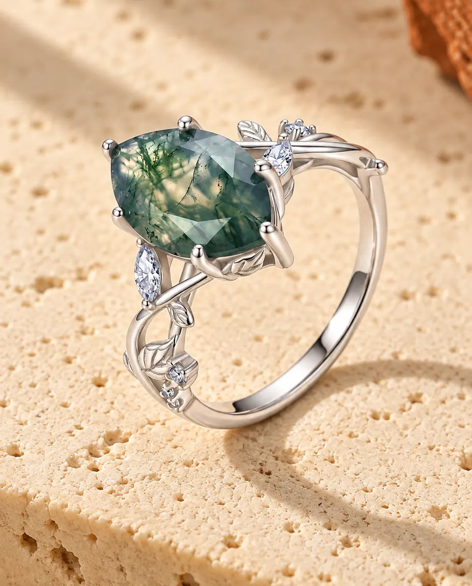 Anello Agata Muschiata – Solitario Marquise su Rami d'Argento con Foglie e Zirconi, Anello di Fidanzamento in Argento 925 Ispirato alla Natura