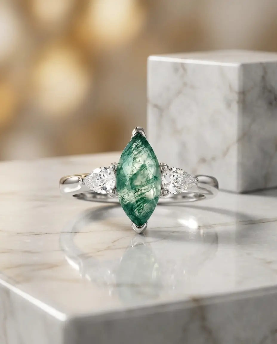 Anello Agata Muschiata Marquise 5x10 mm – Trilogy Vintage in Argento 925 Placcato Oro Bianco per Lei