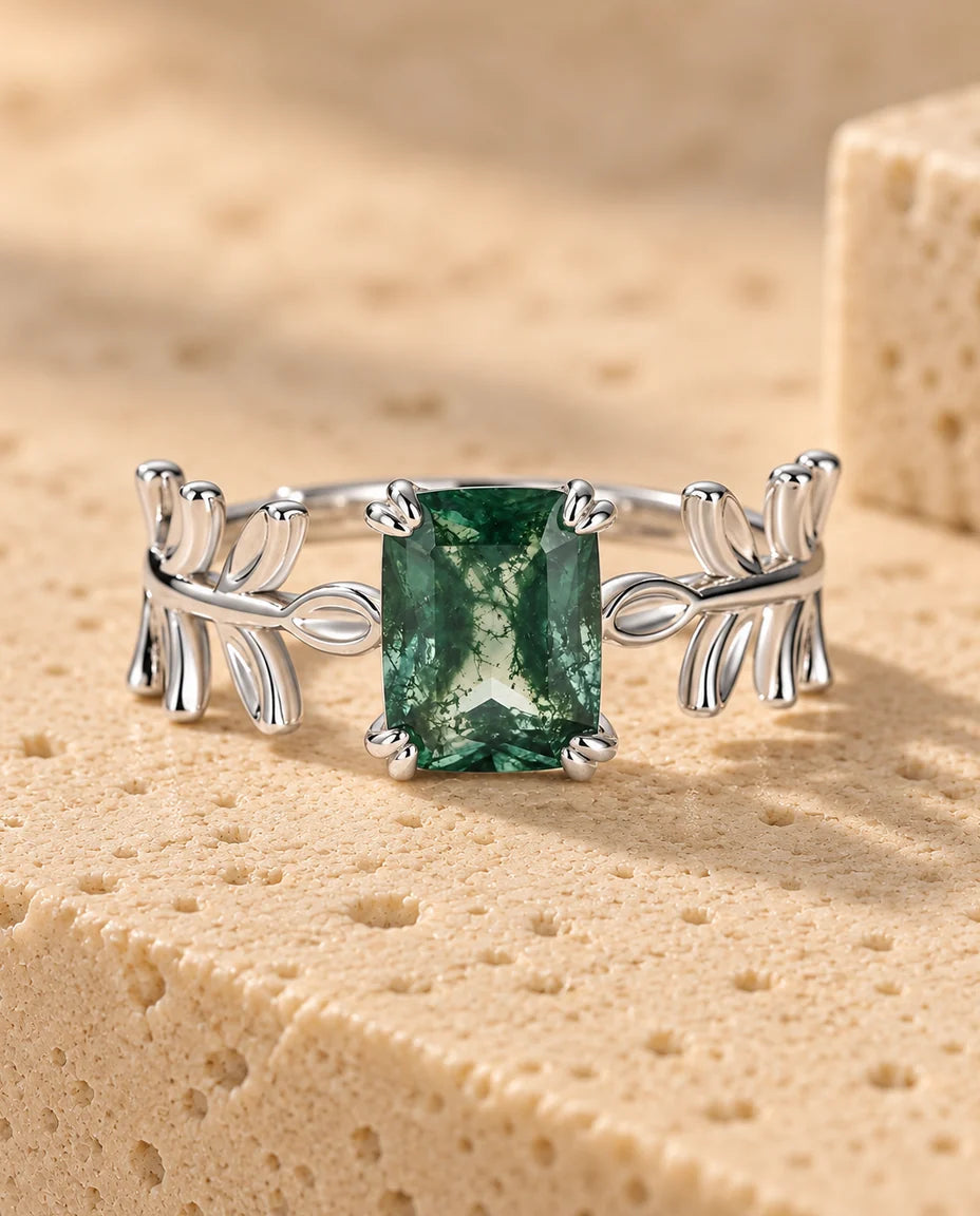 Anello Agata Muschiata Taglio Smeraldo con Fascia Aperta a Foglie in Argento 925 - vista frontale