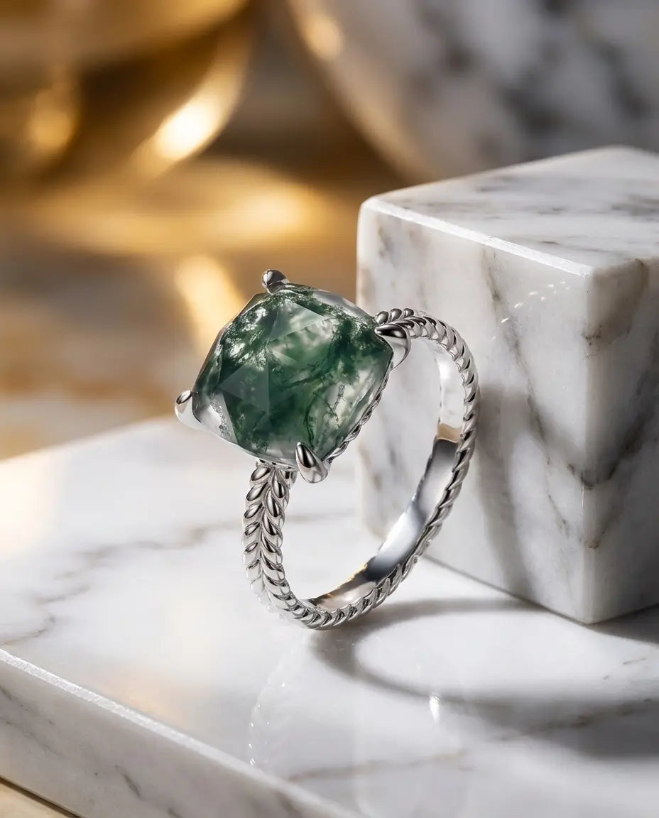 Anello Agata Muschiata – Taglio Cuscino 10 mm, Argento 925 Placcato Oro Bianco, Fascia Intrecciata