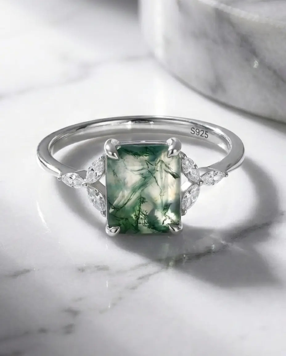 Anello in Agata Muschiata Taglio Smeraldo 7x9 mm, Argento 925 con Motivo a Foglie Vintage