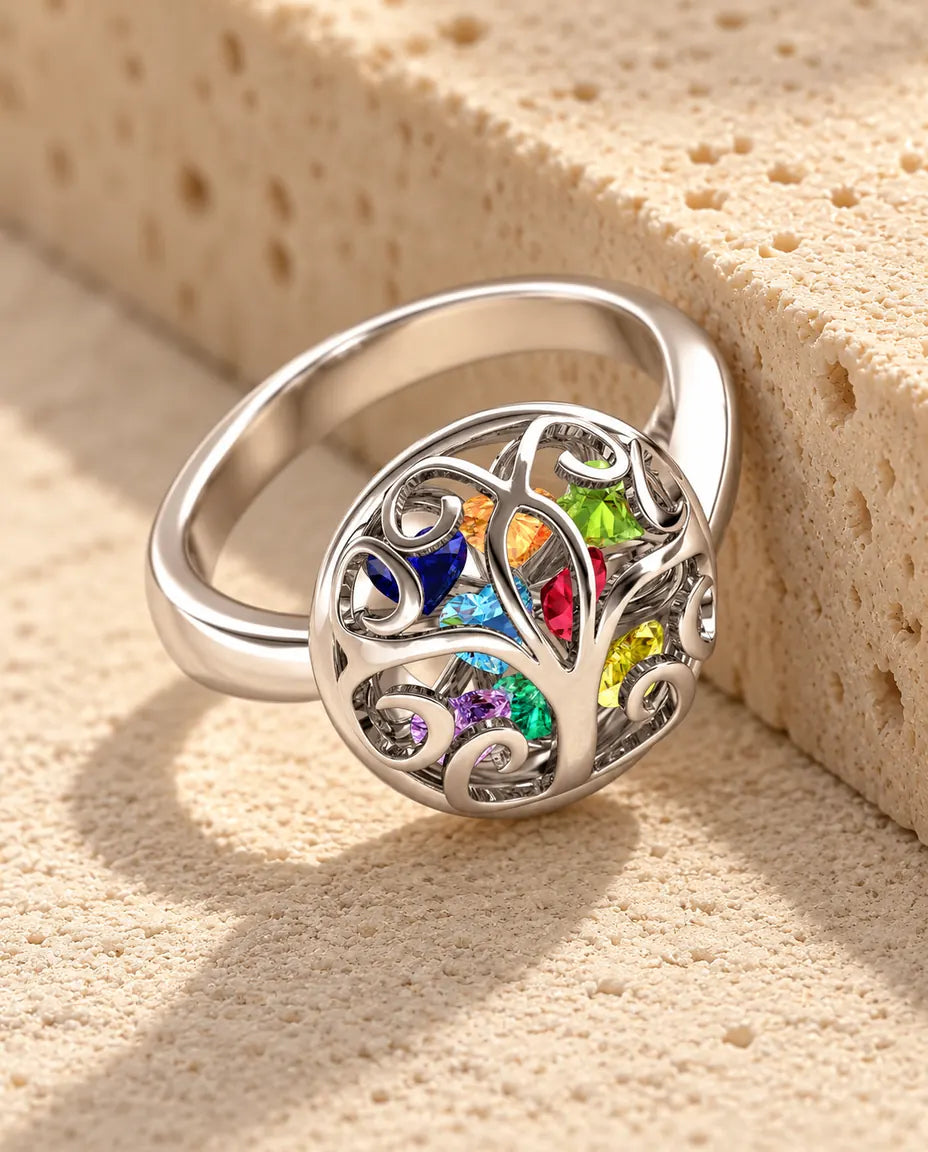Anello Albero della Vita con 9 Pietre Portafortuna - anello di famiglia con incisione interna - in argento sterling