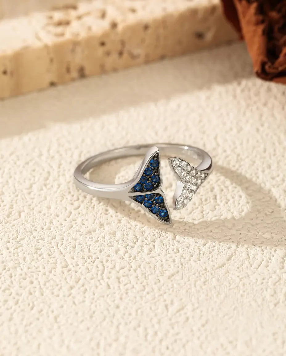 Anello Coda di Balena aperto regolabile - pietre blu e bianche, taglie US 6-9, argento 925