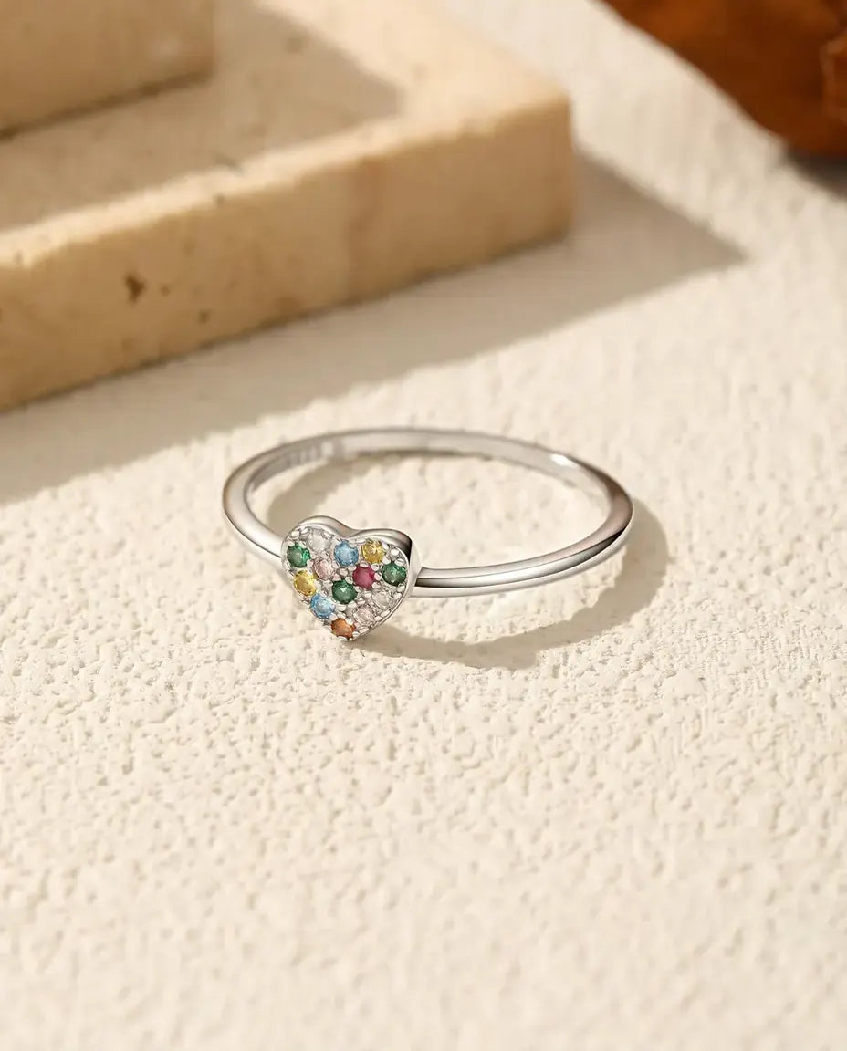 Anello cuore arcobaleno - Argento 925, cuore pavé di zirconi colorati, sottile da impilare, misure 5-9