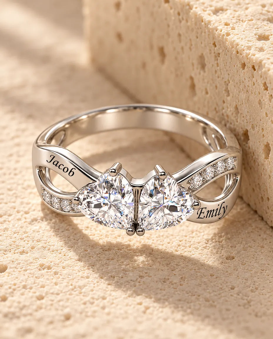 Anello Infinito con 2 Pietre Portafortuna e 2 Nomi - anello promessa personalizzato - in argento sterling