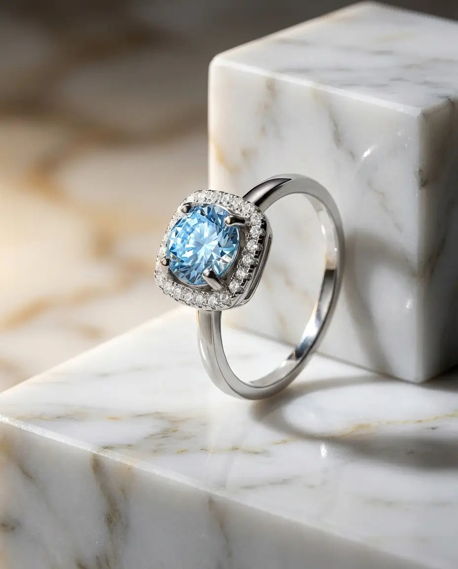 Anello Moissanite Blu Mare da 1 Carato VVS1 in Argento 925 – Halo Classico, Idea Regalo per Lei