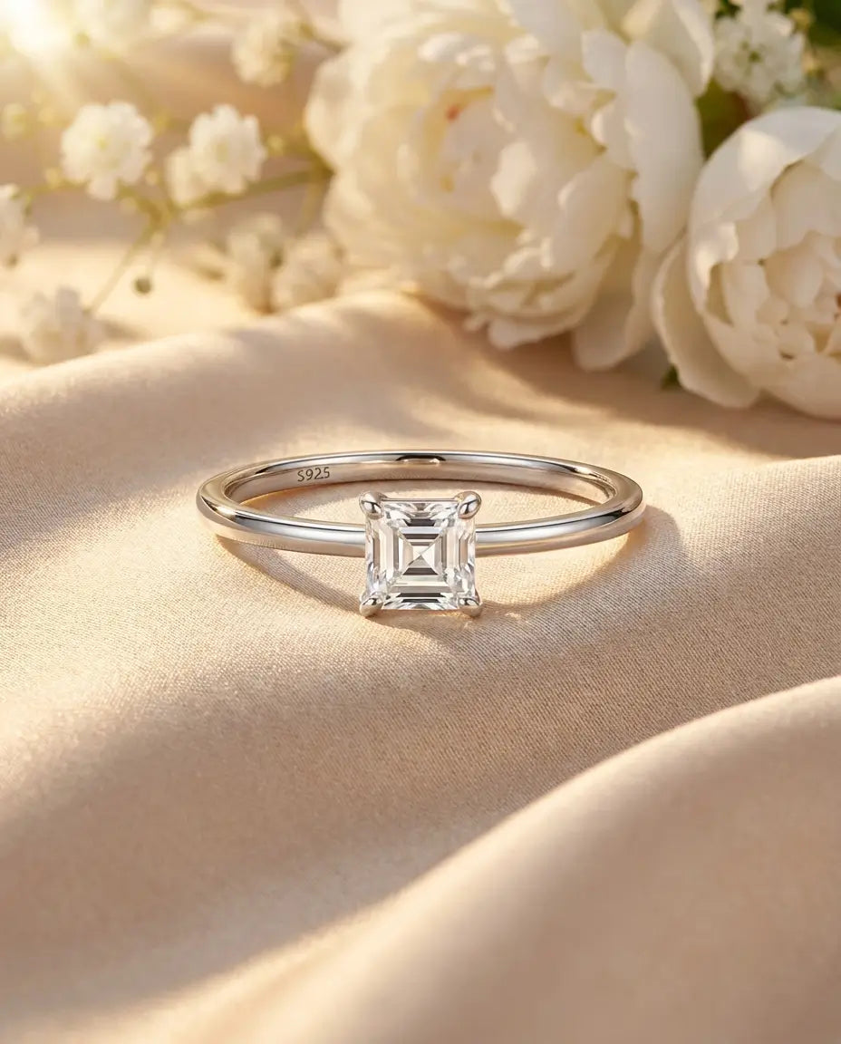 Anello Moissanite Solitario Taglio Princess 0,35 ct, Fascia Sottile in Argento Sterling 925