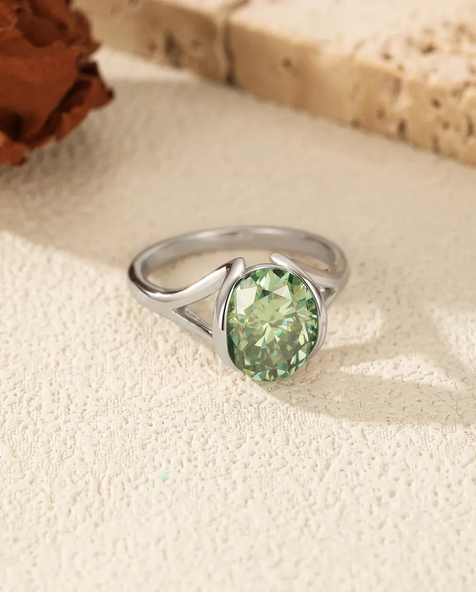 Anello Moissanite Verde 3 ct Taglio Ovale Creata in Laboratorio, Montatura a Tensione, Argento 925