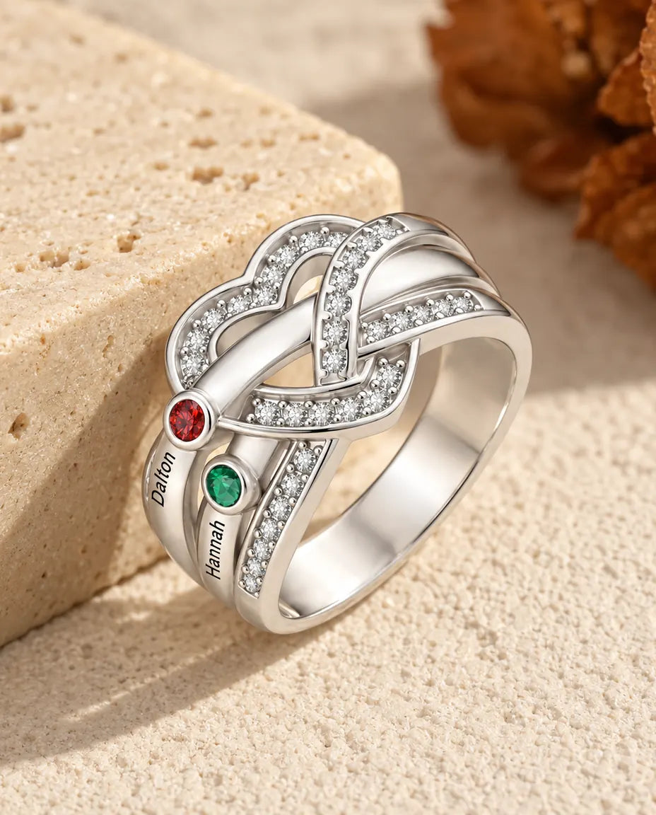 Anello con Pietre Portafortuna Personalizzato 2-6 Nomi - anello di famiglia nodo a cuore con nomi incisi e pietre simulate, rodiato