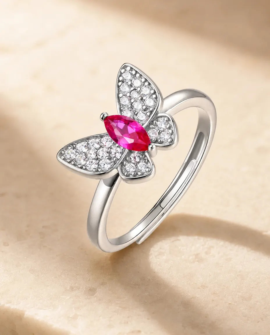 Anello Rubino Farfalla Pavé – Rubino Marquise Creato in Laboratorio, Argento 925 Aperto Regolabile