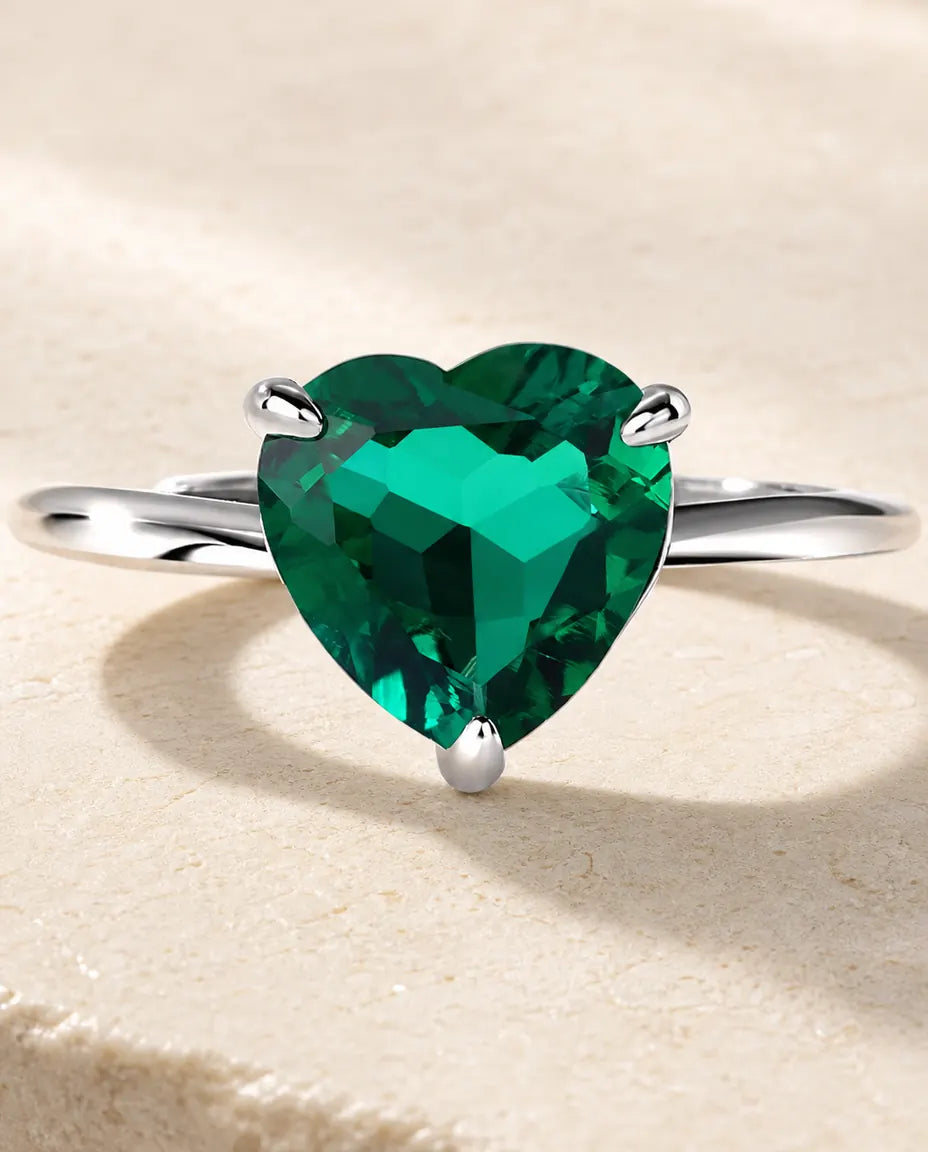Anello Smeraldo Creato in Laboratorio – Solitario Cuore, Argento 925 Aperto e Regolabile