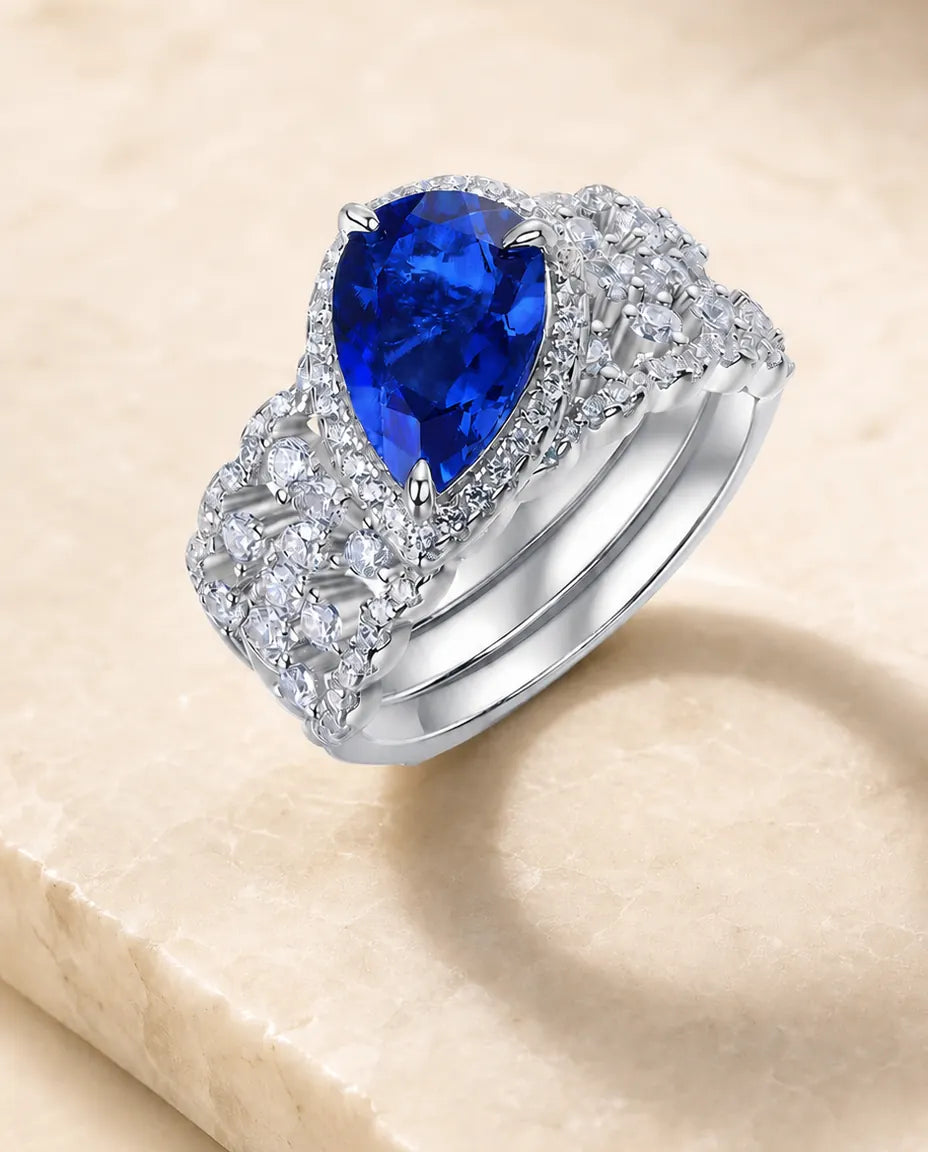 Anello Zaffiro Taglio Goccia con Alone – Set Sposa 2 Pezzi in Argento 925, Creato in Laboratorio