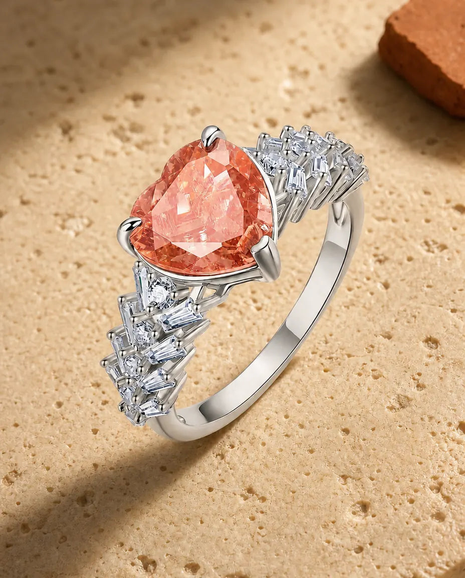 Anello Zaffiro Rosa Creato in Laboratorio – Cuore con Cascata di Baguette Art Déco, Argento 925