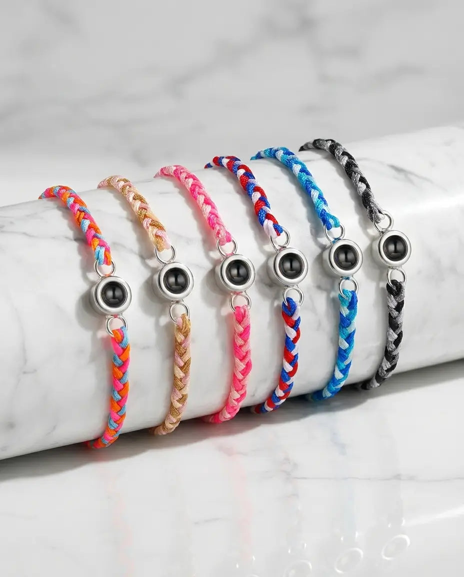 Bracciale con Foto Dentro – Corda Intrecciata a Mano e Charm Rodiato, Regalo Personalizzato Unisex