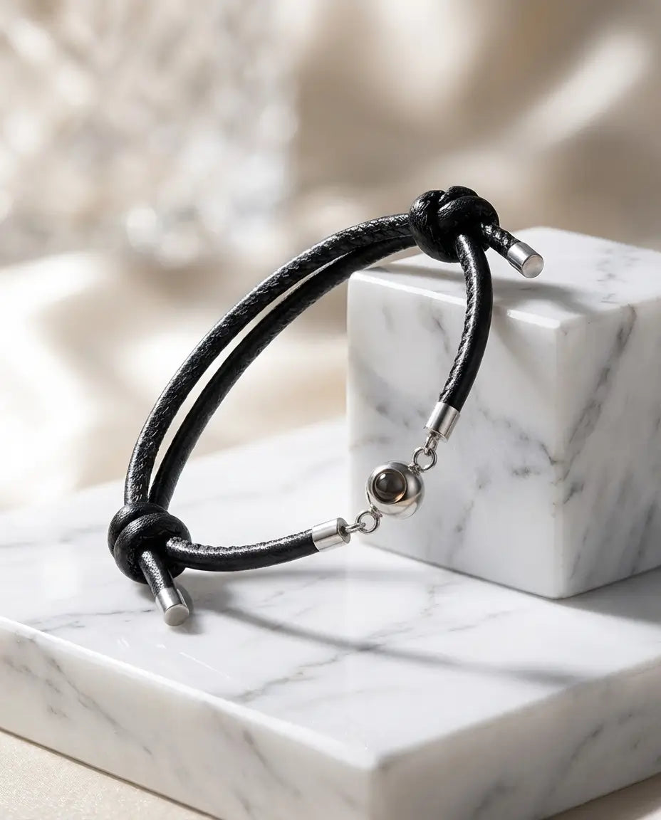Bracciale con Foto Dentro la Perla in Acciaio – Cuoio Intrecciato Regolabile e Unisex, Regalo per Lui