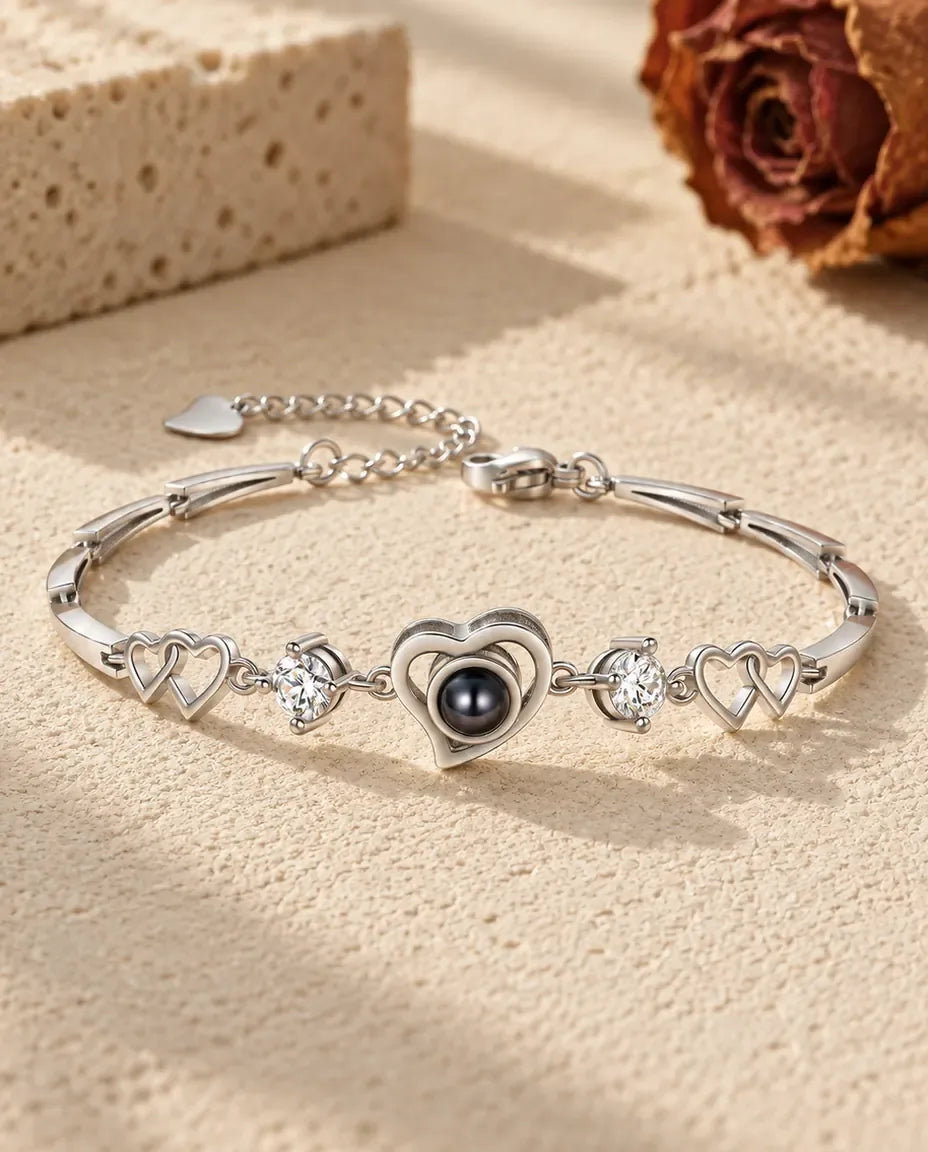 Bracciale con Foto Dentro Cuori Intrecciati - vista frontale in argento