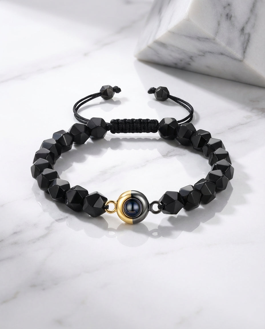Bracciale con Foto Dentro – Ossidiana Nera Sfaccettata, Pietra Naturale Unisex, Regalo per Lei e per Lui