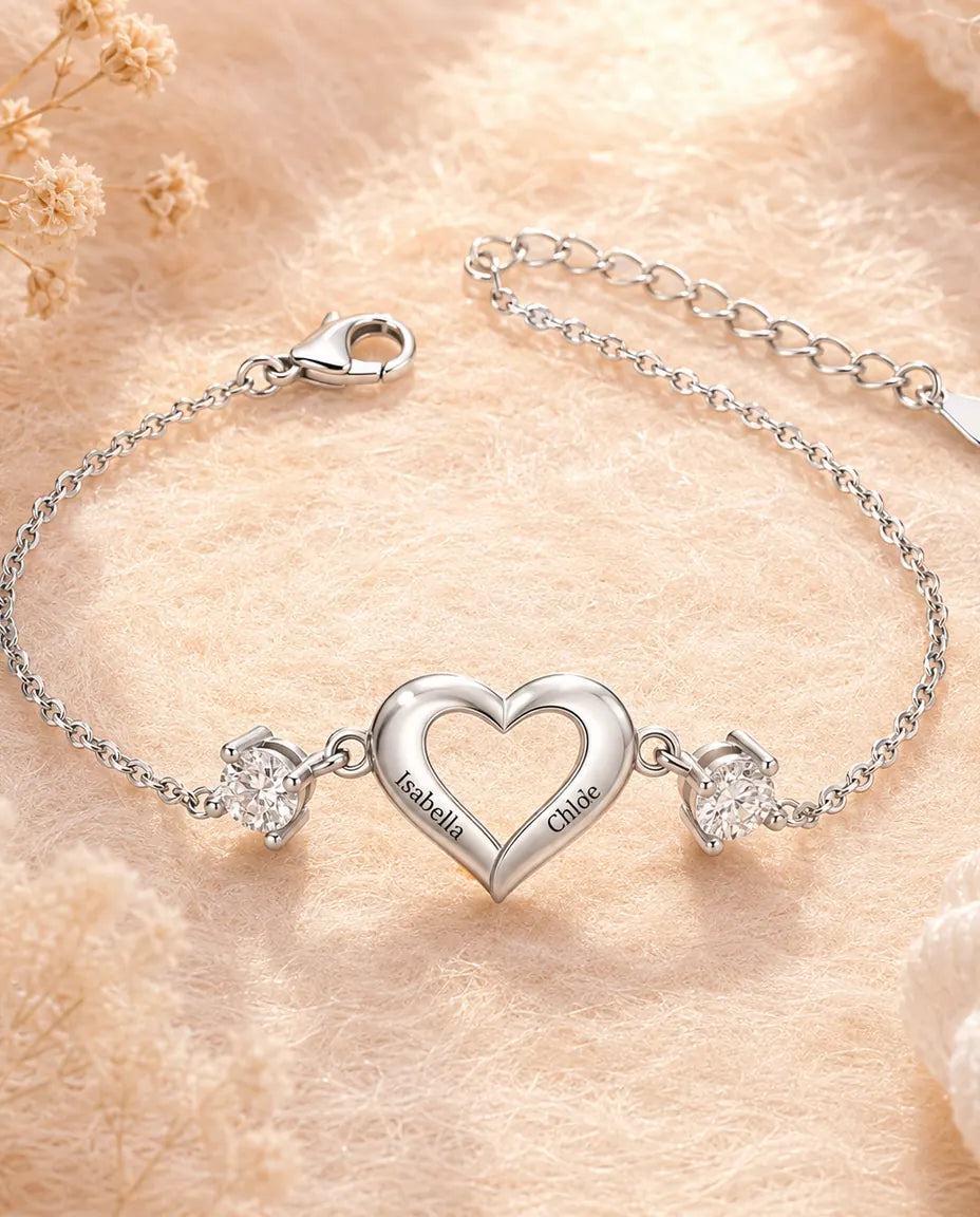 Bracciale Personalizzato con 2 Pietre e 2 Nomi - cuore aperto e due pietre portafortuna, regolabile, rodiato