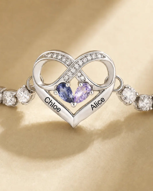 Bracciale Personalizzato con 2 Pietre e 2 Nomi - bracciale tennis con cuore infinito, regolabile, argentato