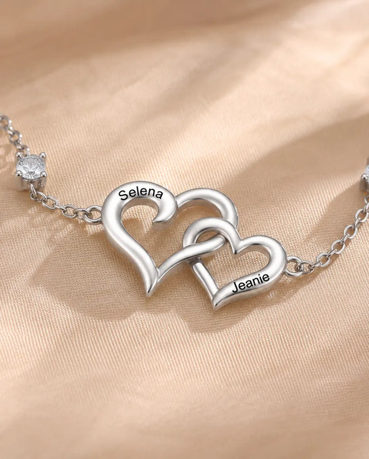 Bracciale Doppio Cuore Personalizzato 2 Nomi - cuori intrecciati e due pietre portafortuna, regolabile