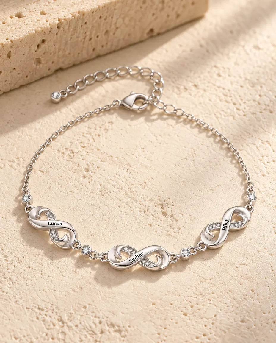 Bracciale Infinito Personalizzato con 1-5 Nomi - Charm Infinito Incisi con Zirconi, Regalo per la Famiglia o la Mamma, Argentato