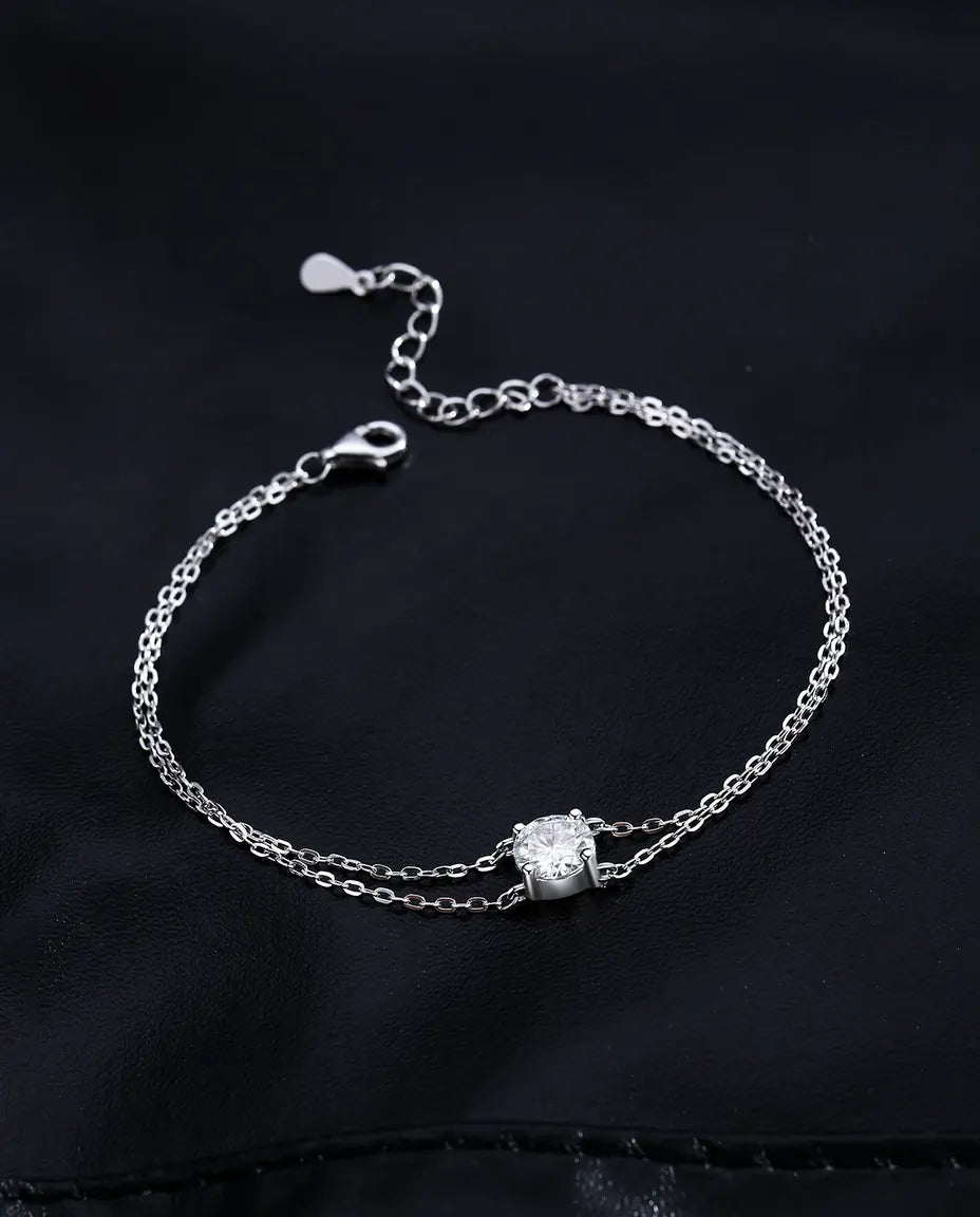 Bracciale Moissanite a Doppio Filo – argento 925, pietra da 1 ct colore D su due catene sottili