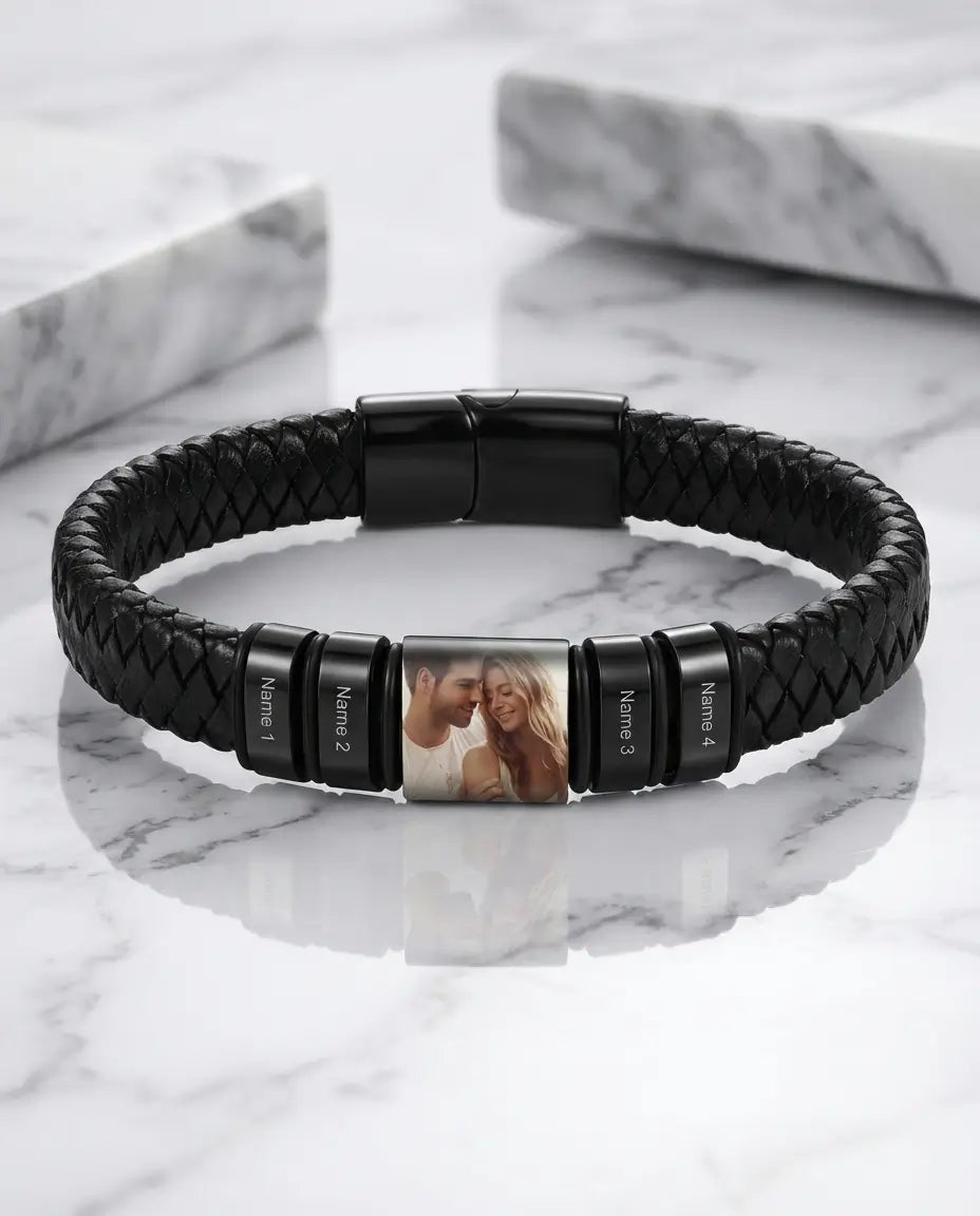 Bracciale Uomo con Foto – Cuoio Intrecciato, Charm Fotografico e Nomi Incisi, Regalo per Papà