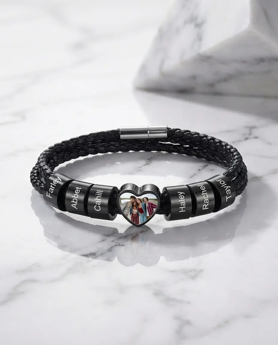 Bracciale Uomo con Foto – Charm a Cuore in Acciaio Inox e Nomi Incisi, Regalo per Papà