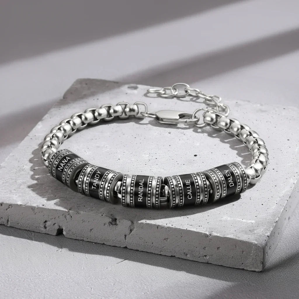Bracciale Uomo Inciso in Acciaio Inossidabile – Fino a 5 Sfere con Nome Personalizzate