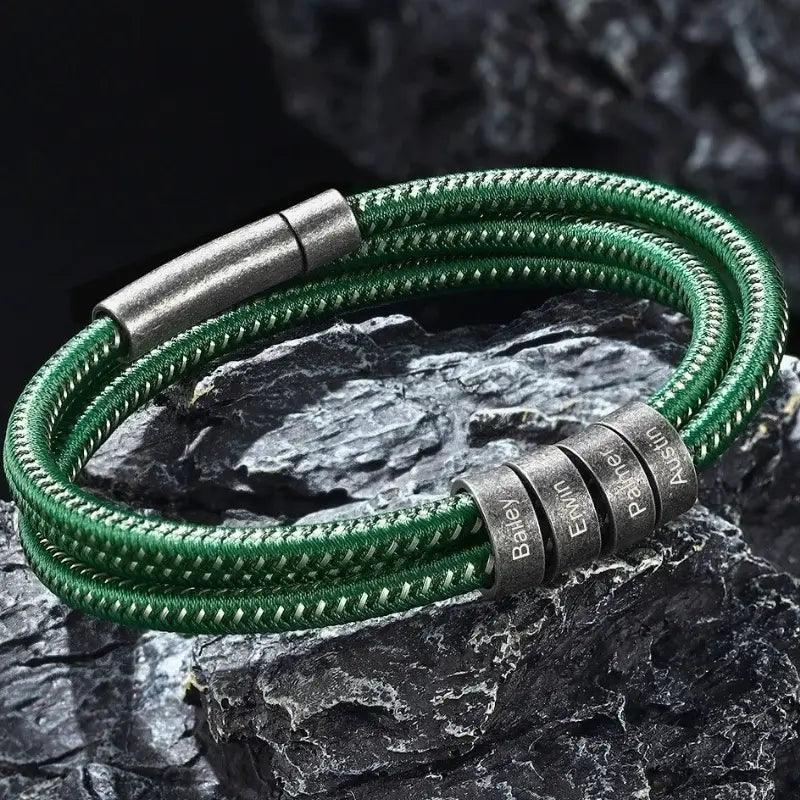 Bracciale Uomo Inciso in Acciaio e Cordino di Nylon – Nero o Verde, Fino a 4 Nomi