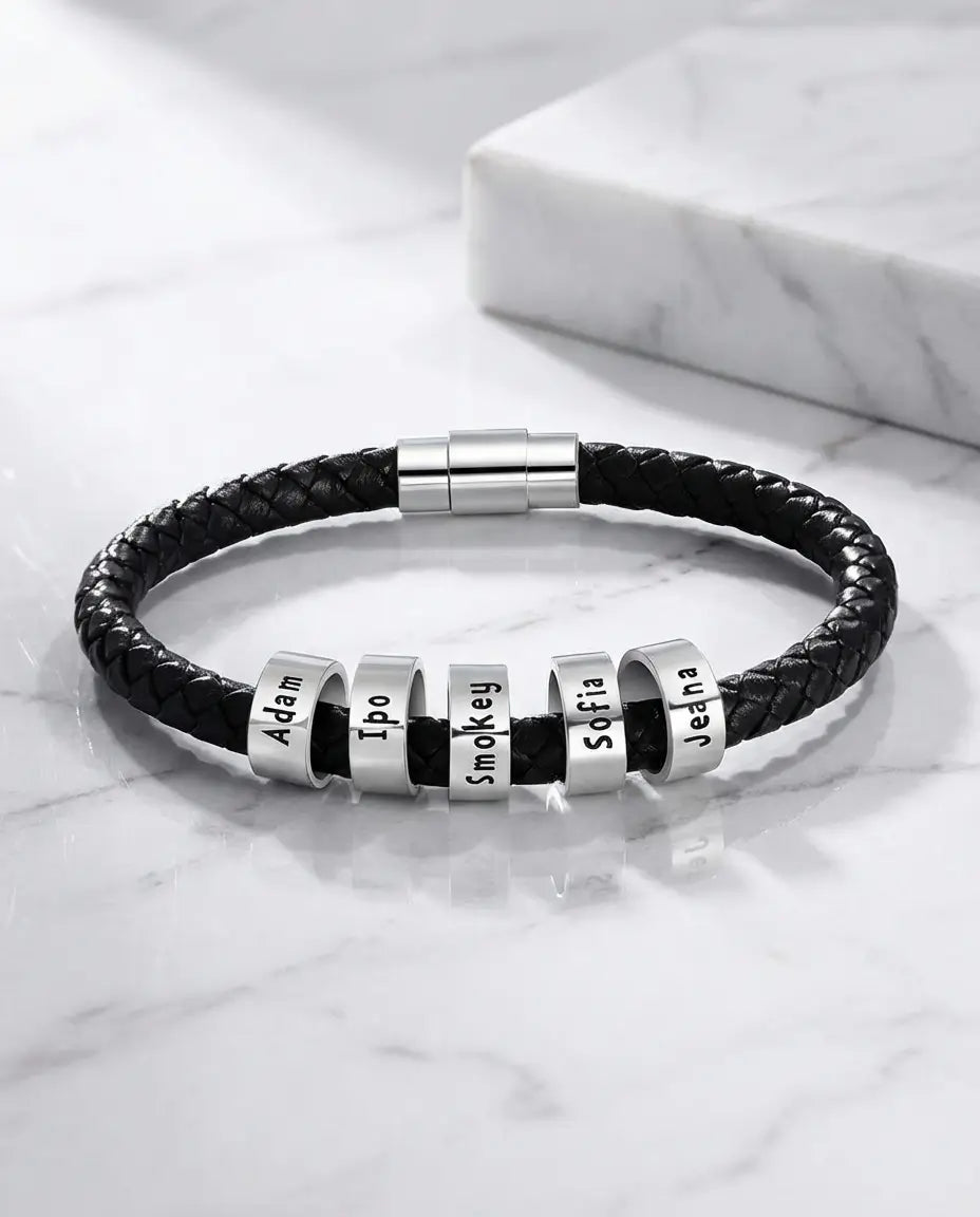 Bracciale Uomo Inciso – Cordoncino Intrecciato e 1-5 Perline in Argento 925 con Nomi o Date, Regalo per Papà