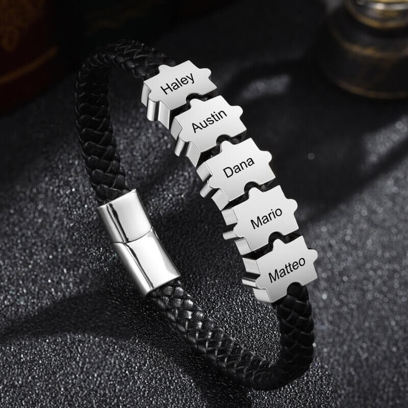 Bracciale Uomo Inciso – Cuoio Nero e Acciaio Inox, da 2 a 5 Perline Puzzle Personalizzate, Regalo per Lui