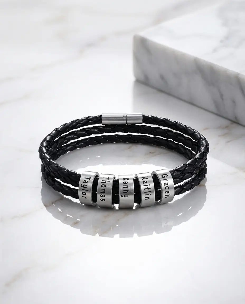 Bracciale Uomo Inciso – Pelle Intrecciata, 1-5 Perline con Nome, Chiusura Magnetica, Regalo per Lui