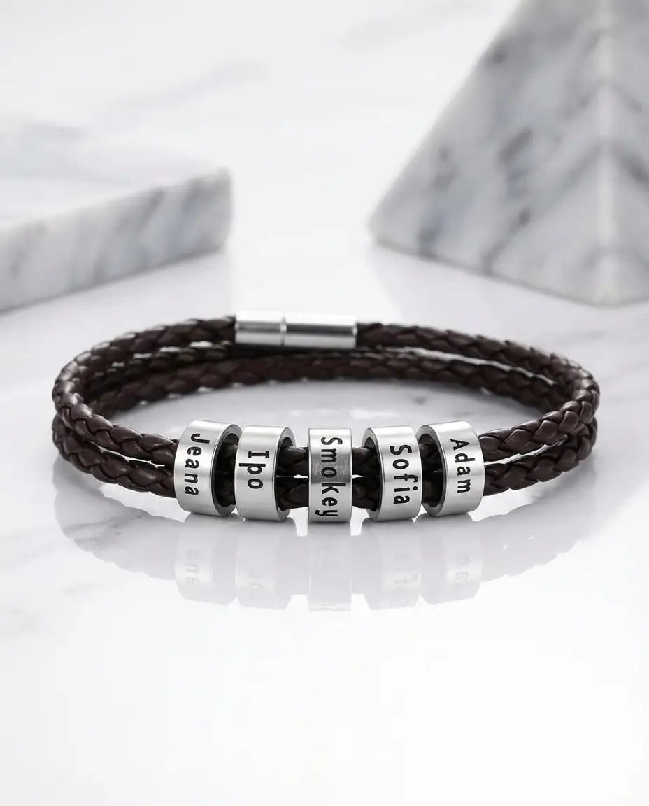 Bracciale Uomo Inciso – Pelle Intrecciata Marrone e Perline in Argento 925, Regalo per Papà e Nonno
