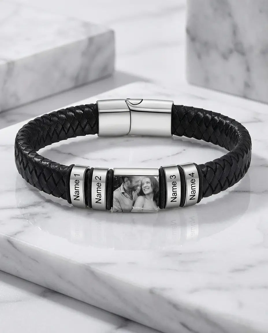 Bracciale Uomo in Pelle Intrecciata Nera – Charm con Foto Dentro e Sfere con Nome Incise