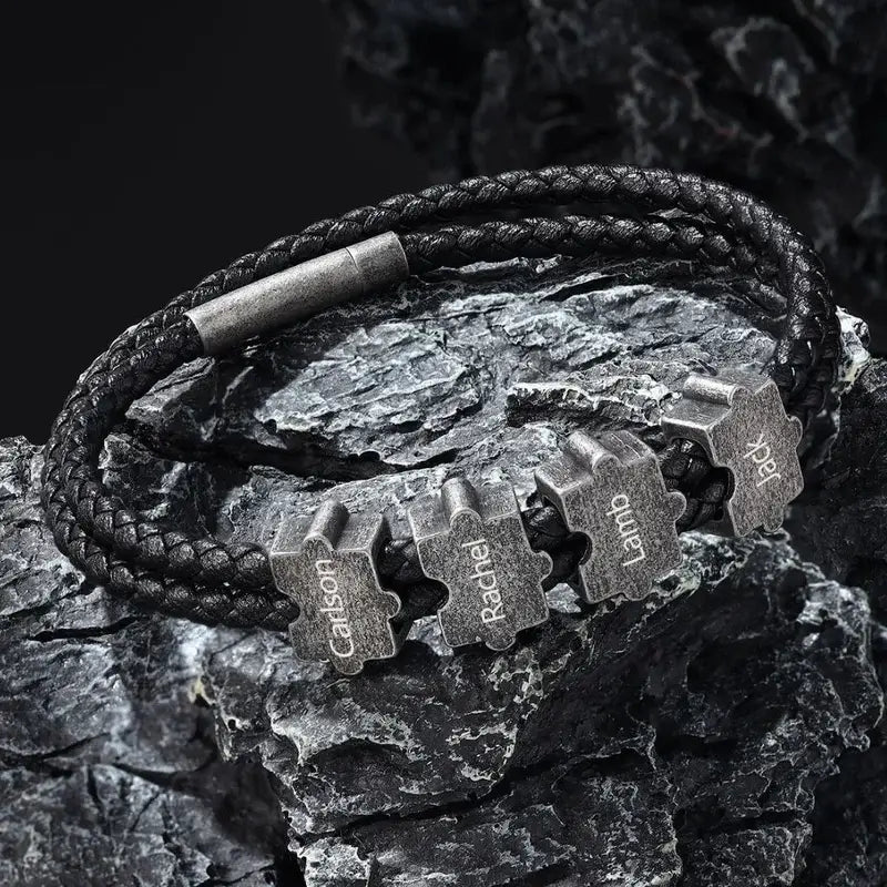 Bracciale Uomo in Pelle Nera – Perline Puzzle Incise Personalizzate in Acciaio Inox, Regalo per Lui