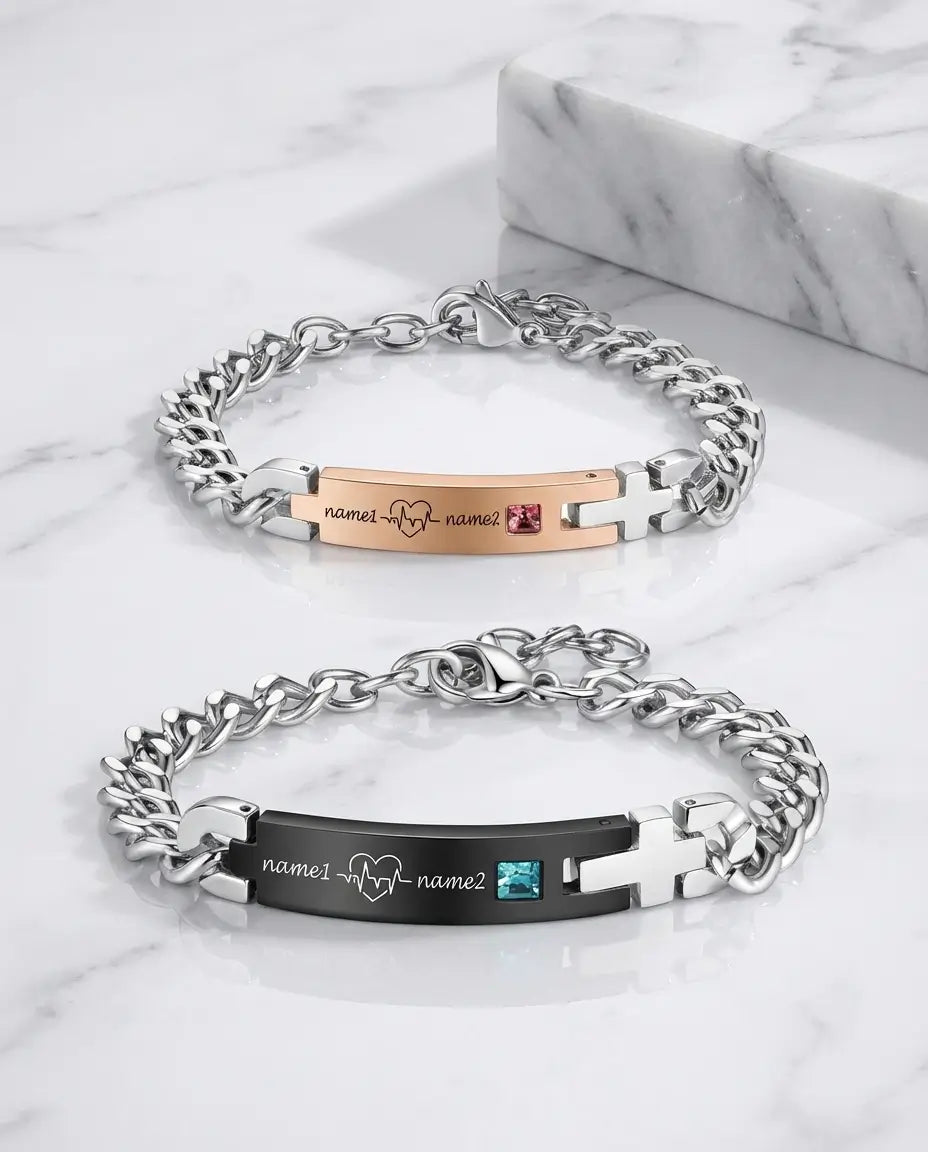 Bracciali di coppia con battito cardiaco inciso, acciaio inossidabile, set da 2 per lei e per lui