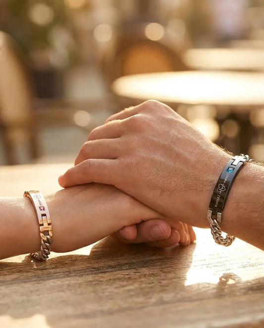 Bracciali di coppia con battito cardiaco inciso, acciaio inossidabile, set da 2 per lei e per lui