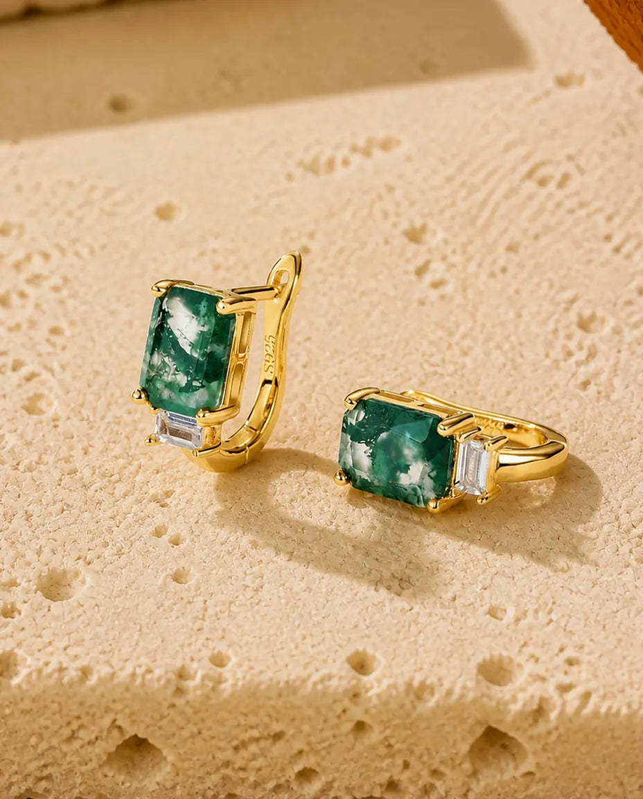 Cerchi in agata muschiata - Taglio smeraldo 6 x 8 mm con zircone baguette, argento 925 placcato oro 10K, regalo per lei